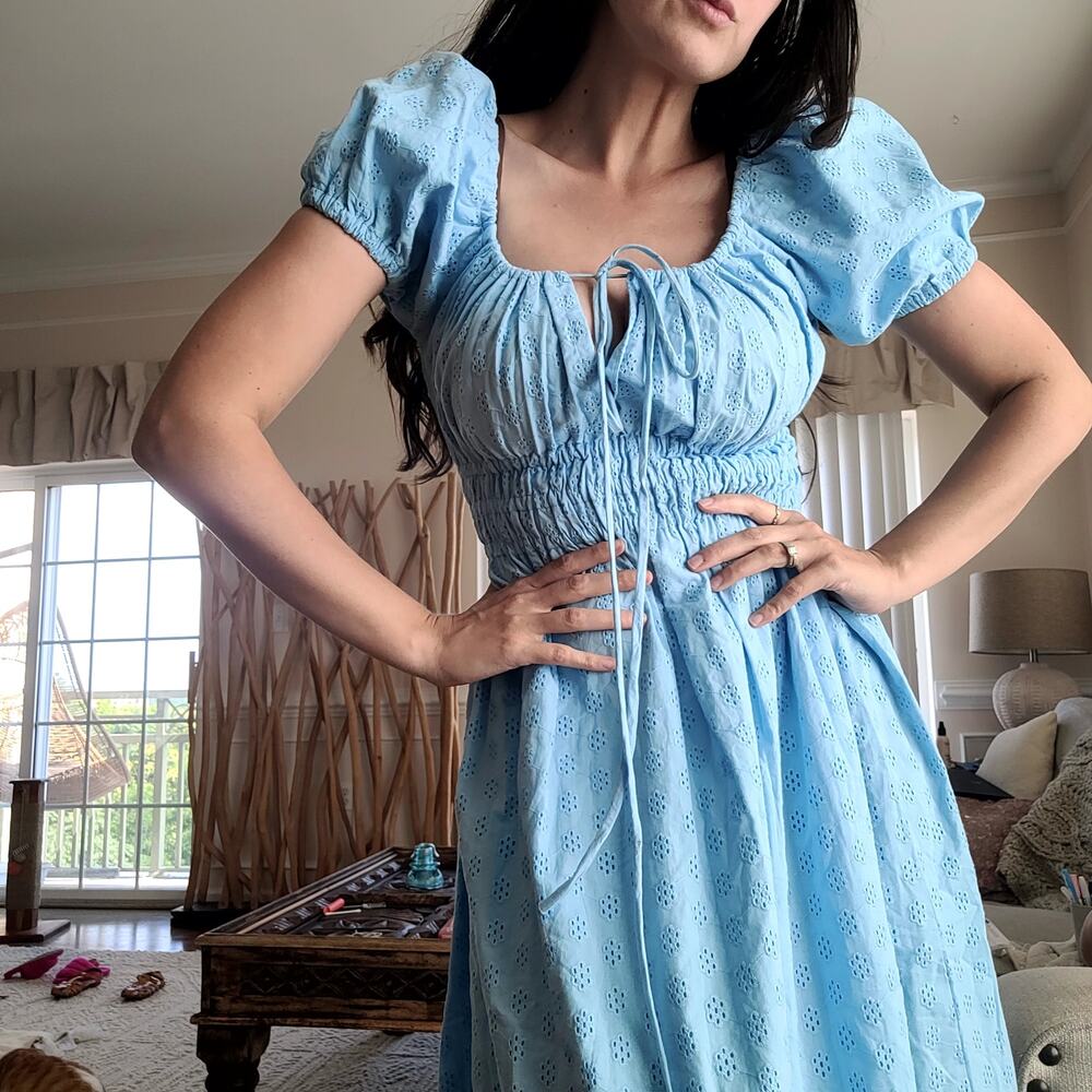 Darling Cotton Eyelet Blue Dress Midi Sz XS/S Cottagecore